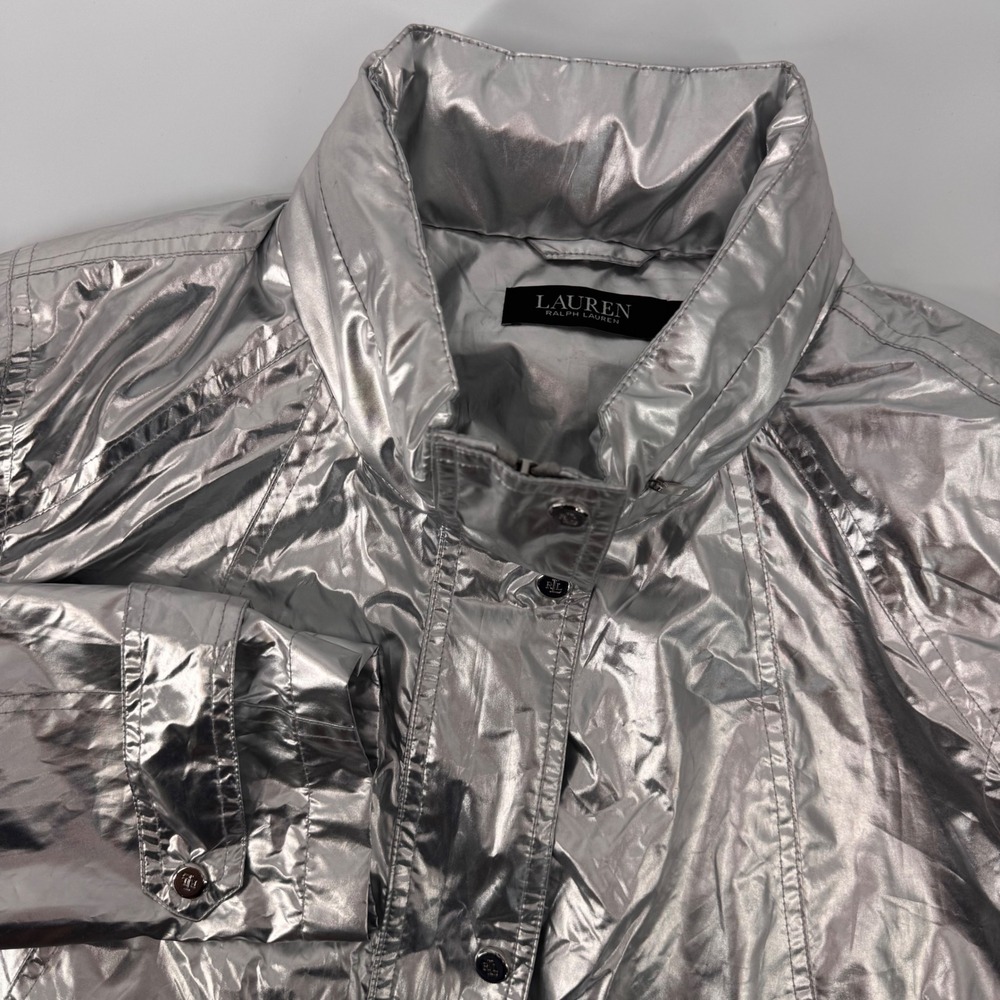 Lauren Ralph Lauren Windbreaker Jacket Women LG Silver Metallic Adjustable Waist